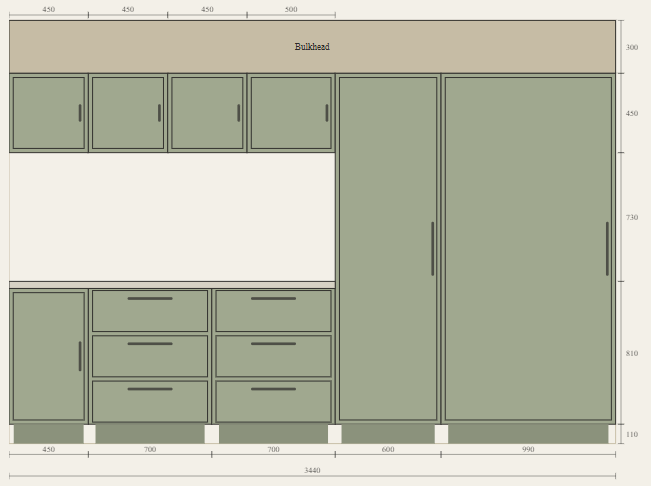 To-scale 2D elevation of a laundry run: overhead cupboards, drawers and tall units with every width and height labelled in millimetres.