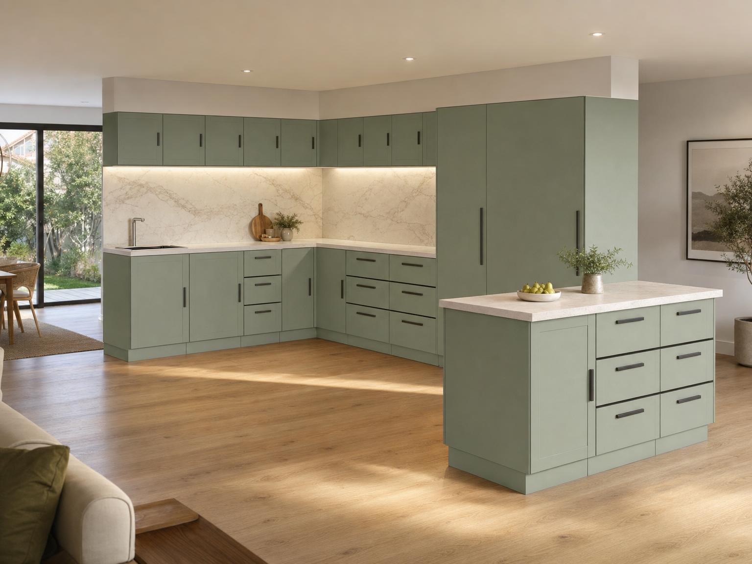 Photorealistic render of a finished sage-green shaker kitchen with a stone benchtop, marble splashback and island in warm window light.